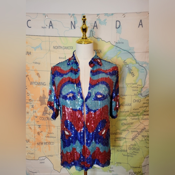 None Tops - Vintage Silk Colorful Sequin & Beaded Short Sleeve Top